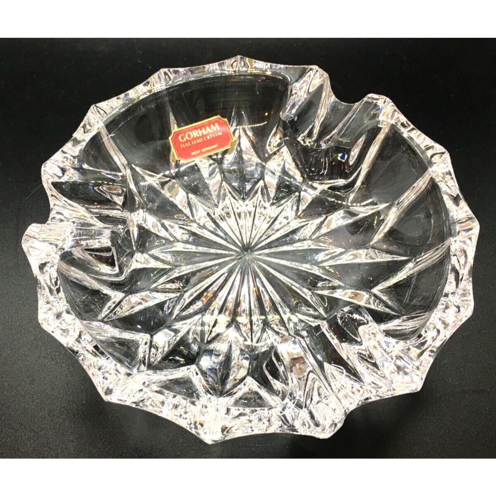 Gorham Crystal Full Lead Cut Glass Ashtray 6" Heavy Vintage Unused West Germany